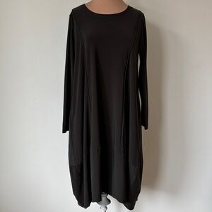 Sun Kim Olive Green Lagenlook Long Sleeve Stretch Tunic Pockets Dress EUC Size S
